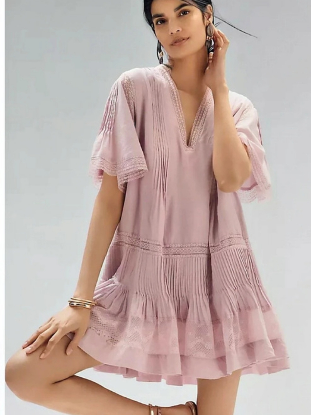 Antropologie Maeve Short Sleeve V-Neck Pintuck Swing Tunic Dress NWOT